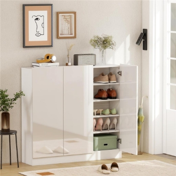 SCARPIERA SLIM DA INGRESSO PER 25-30 PAIA DI SCARPE CON ANTE A CHIUSURA AMMORTIZZATA, BIANCO LUCIDO