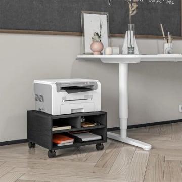 MOBILE PORTA STAMPANTE A 2 RIPIANI IN LEGNO CON RUOTE PER UFFICIO E STUDIO, 47X40X22.5CM, NERO