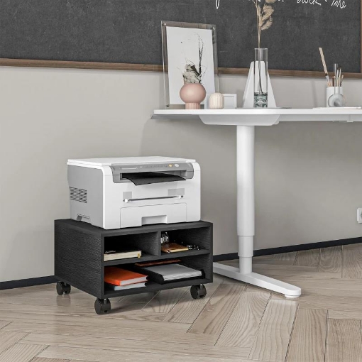 MOBILE PORTA STAMPANTE A 2 RIPIANI IN LEGNO CON RUOTE PER UFFICIO E STUDIO, 47X40X22.5CM, NERO