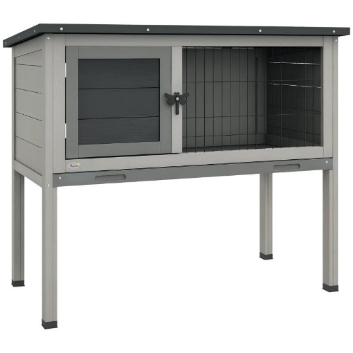 CONIGLIERA RIALZATA IN LEGNO DA ESTERNI CON TETTO APRIBILE E VASSOIO ESTRAIBILE, 84X43X70CM, GRIGIO