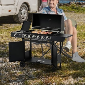 BARBECUE A GAS CON COPERCHIO, 7 BRUCIATORI DA 20KW, FORNELLO LATERALE E 2 RUOTE, 135X50X100CM NERO