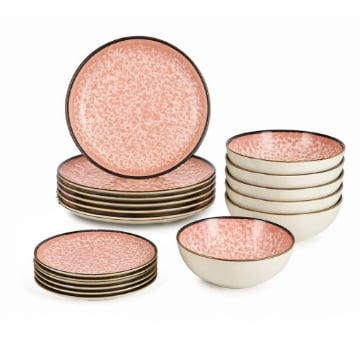 MA MAISON SERVIZIO PIATTI 18 PEZZI STILE ASTRATTO ROSA 6 FONDI - 6 PANI - 6 DA DESSERT PER LAVASTOVIGLIE E MICROONDE 6 PERSONE