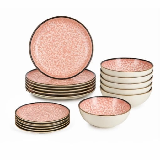 MA MAISON SERVIZIO PIATTI 18 PEZZI STILE ASTRATTO ROSA 6 FONDI - 6 PANI - 6 DA DESSERT PER LAVASTOVIGLIE E MICROONDE 6 PERSONE