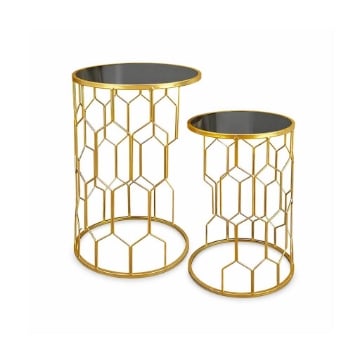 2 TAVOLINI IN METALLO COLOR ORO MISURE 38X55CM E 33X50CM CON TOP IN VETRO