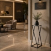 TAVOLINO A COLONNA CON STRUTTURA IN METALLO NERO E TOP IN MDF EFFETTO MARMO BIANCO MISURE: 25X50CM