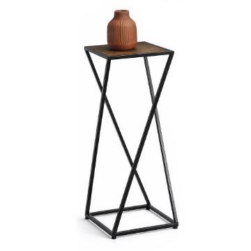 TAVOLINO A COLONNA CON STRUTTURA IN METALLO NERO E TOP IN MDF EFFETTO LEGNO SCURO MISURE: 25X70 CM