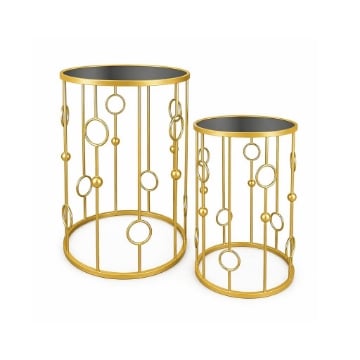 2 TAVOLINI TONDI METALLO COLOR ORO E TOP IN VETRO MISURE 38X55CM/ 33X50CM
