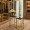 2 TAVOLINI TONDI METALLO COLOR ORO E TOP IN VETRO MISURE 38X55CM/ 33X50CM