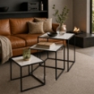 SET DI TRE TAVOLINI RETTANGOLARI CONSTRUTTURA IN METALLO NERO E TOP IN MDF EFFETTO MARMO MISURE: 35X40CM, 40X45CM, 45X50CM