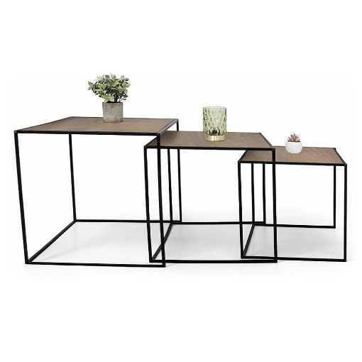 SET DI TRE TAVOLINI RETTANGOLARI CON STRUTTURA IN METALLO NERO E TOP IN MDF EFFETTO LEGNO SCURO MISURE: 35X40CM, 40X45CM, 45X50CM