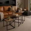 SET DI TRE TAVOLINI RETTANGOLARI CON STRUTTURA IN METALLO NERO E TOP IN MDF EFFETTO LEGNO SCURO MISURE: 35X40CM, 40X45CM, 45X50CM