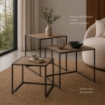 SET DI TRE TAVOLINI RETTANGOLARI CON STRUTTURA IN METALLO NERO E TOP IN MDF EFFETTO LEGNO SCURO MISURE: 35X40CM, 40X45CM, 45X50CM