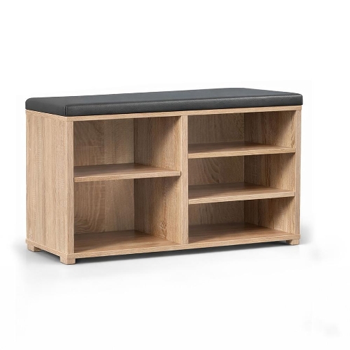 SCARPIERA IN MDF ROVERE CON RIPIANI E SEDUTA IN SIMIL PELLE NERA MISURE: 80X230X47 CM