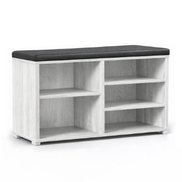 SCARPIERA IN MDF COLOR BIANCO LEGNO CON RIPIANI E SEDUTA IN SIMIL PELLE NERA DIMENSIONI 80X230X47 CM