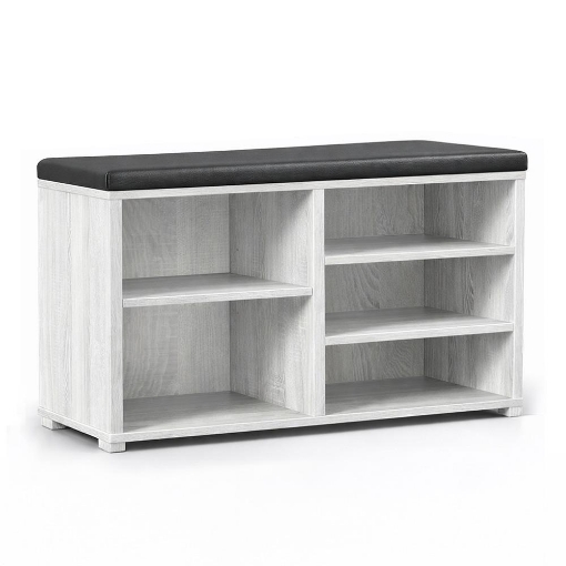 SCARPIERA IN MDF COLOR BIANCO LEGNO CON RIPIANI E SEDUTA IN SIMIL PELLE NERA DIMENSIONI 80X230X47 CM