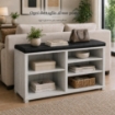 SCARPIERA IN MDF COLOR BIANCO LEGNO CON RIPIANI E SEDUTA IN SIMIL PELLE NERA DIMENSIONI 80X230X47 CM