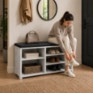 SCARPIERA IN MDF COLOR BIANCO LEGNO CON RIPIANI E SEDUTA IN SIMIL PELLE NERA DIMENSIONI 80X230X47 CM