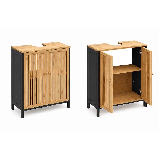 MOBILE SOTTOLAVABO IN LEGNO NERO CON 2 ANTE IN BAMBOO DIMENSIONI 60X30X70 CM