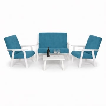 SET SALOTTO DA GIARDINO CON DIVANO, 2 POLTRONE + TAVOLINO IN LEGNO BIANCO E TESSUTO COLORE PETROLIO
