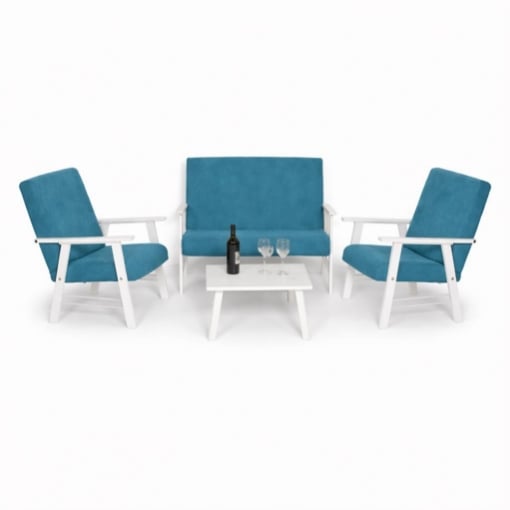 SET SALOTTO DA GIARDINO CON DIVANO, 2 POLTRONE + TAVOLINO IN LEGNO BIANCO E TESSUTO COLORE PETROLIO