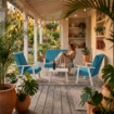 SET SALOTTO DA GIARDINO CON DIVANO, 2 POLTRONE + TAVOLINO IN LEGNO BIANCO E TESSUTO COLORE PETROLIO