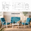 SET SALOTTO DA GIARDINO CON DIVANO, 2 POLTRONE + TAVOLINO IN LEGNO BIANCO E TESSUTO COLORE PETROLIO