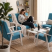 SET SALOTTO DA GIARDINO CON DIVANO, 2 POLTRONE + TAVOLINO IN LEGNO BIANCO E TESSUTO COLORE PETROLIO