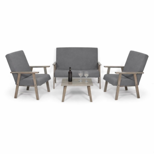 SET SALOTTO DA GIARDINO CON DIVANO, 2 POLTRONE + TAVOLINO IN LEGNO GRIGIO OLMO E TESSUTO COLORE GRIGIO