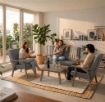 SET SALOTTO DA GIARDINO CON DIVANO, 2 POLTRONE + TAVOLINO IN LEGNO GRIGIO OLMO E TESSUTO COLORE GRIGIO
