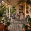 SET SALOTTO DA GIARDINO CON DIVANO, 2 POLTRONE + TAVOLINO IN LEGNO GRIGIO OLMO E TESSUTO COLORE GRIGIO