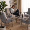 SET SALOTTO DA GIARDINO CON DIVANO, 2 POLTRONE + TAVOLINO IN LEGNO GRIGIO OLMO E TESSUTO COLORE GRIGIO