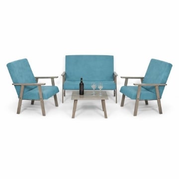 SET SALOTTO DA GIARDINO CON DIVANO, 2 POLTRONE + TAVOLINO IN LEGNO GRIGIO OLMO E TESSUTO COLORE PETROLIO