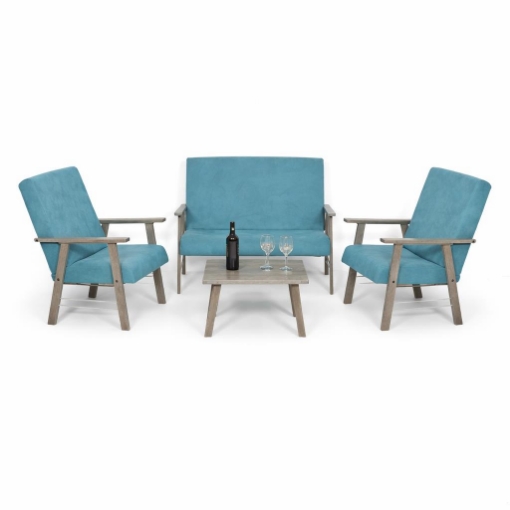 SET SALOTTO DA GIARDINO CON DIVANO, 2 POLTRONE + TAVOLINO IN LEGNO GRIGIO OLMO E TESSUTO COLORE PETROLIO