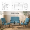 SET SALOTTO DA GIARDINO CON DIVANO, 2 POLTRONE + TAVOLINO IN LEGNO GRIGIO OLMO E TESSUTO COLORE PETROLIO