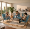 SET SALOTTO DA GIARDINO CON DIVANO, 2 POLTRONE + TAVOLINO IN LEGNO GRIGIO OLMO E TESSUTO COLORE PETROLIO