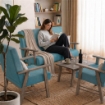 SET SALOTTO DA GIARDINO CON DIVANO, 2 POLTRONE + TAVOLINO IN LEGNO GRIGIO OLMO E TESSUTO COLORE PETROLIO