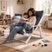 POLTRONA RELAX COMODONA IN LEGNO TELAIO BIANCO ANILINA E TESSUTO BLU JEANS 3 POSIZIONI