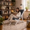 POLTRONA RELAX COMODONA IN LEGNO TELAIO BIANCO ANILINA E TESSUTO BLU JEANS 3 POSIZIONI