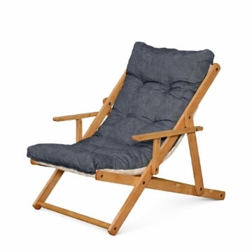 POLTRONA RELAX COMODONA IN LEGNO TELAIO MIELE E TESSUTO BLU JEANS 3 POSIZIONI
