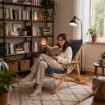 POLTRONA RELAX COMODONA IN LEGNO TELAIO MIELE E TESSUTO BLU JEANS 3 POSIZIONI