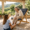 POLTRONA RELAX COMODONA IN LEGNO TELAIO MIELE E TESSUTO BLU JEANS 3 POSIZIONI