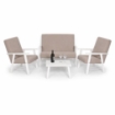 SET SALOTTO DA GIARDINO CON DIVANO, 2 POLTRONE + TAVOLINO IN LEGNO BIANCO E TESSUTO COLORE BEIGE