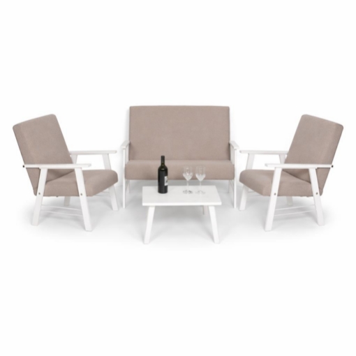 SET SALOTTO DA GIARDINO CON DIVANO, 2 POLTRONE + TAVOLINO IN LEGNO BIANCO E TESSUTO COLORE BEIGE