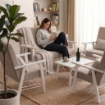 SET SALOTTO DA GIARDINO CON DIVANO, 2 POLTRONE + TAVOLINO IN LEGNO BIANCO E TESSUTO COLORE BEIGE