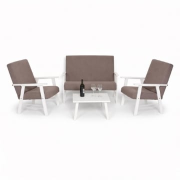 SET SALOTTO DA GIARDINO CON DIVANO, 2 POLTRONE + TAVOLINO IN LEGNO BIANCO E TESSUTO COLORE TORTORA