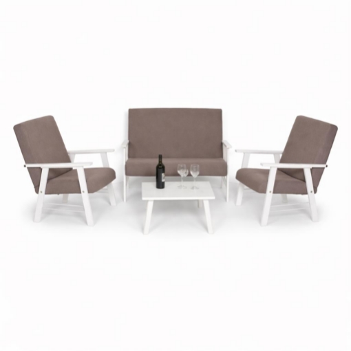 SET SALOTTO DA GIARDINO CON DIVANO, 2 POLTRONE + TAVOLINO IN LEGNO BIANCO E TESSUTO COLORE TORTORA