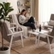 SET SALOTTO DA GIARDINO CON DIVANO, 2 POLTRONE + TAVOLINO IN LEGNO BIANCO E TESSUTO COLORE TORTORA