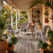 SET SALOTTO DA GIARDINO CON DIVANO, 2 POLTRONE + TAVOLINO IN LEGNO BIANCO E TESSUTO COLORE TORTORA