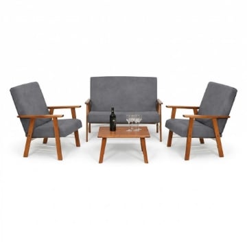 SET SALOTTO DA GIARDINO CON DIVANO, 2 POLTRONE + TAVOLINO IN LEGNO TABACCO E TESSUTO COLORE GRIGIO
