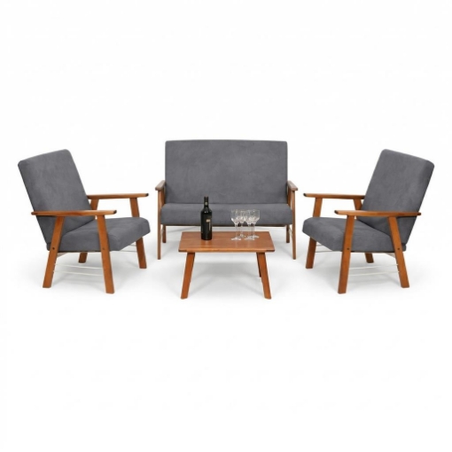 SET SALOTTO DA GIARDINO CON DIVANO, 2 POLTRONE + TAVOLINO IN LEGNO TABACCO E TESSUTO COLORE GRIGIO